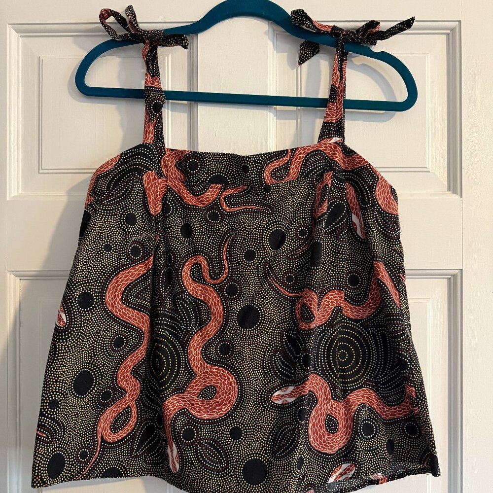 Bold Snake Print Cotton Tank Top – Black & Orange with Bow Straps
